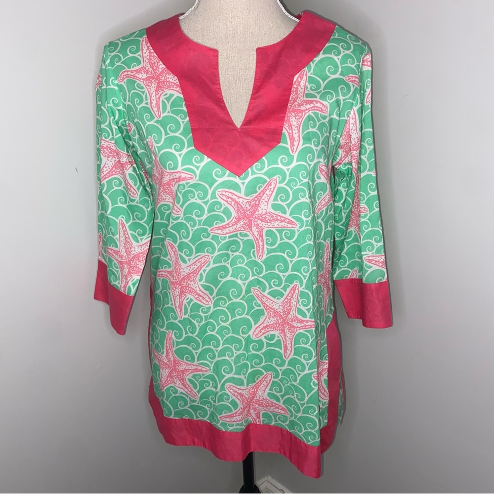 Simply Southern pink green starfish popover 3/4 sleeve cover up tunic top Small